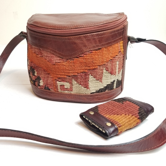 Rare! Vtg 70s Leather &Wool Handmade Turkish Purse
